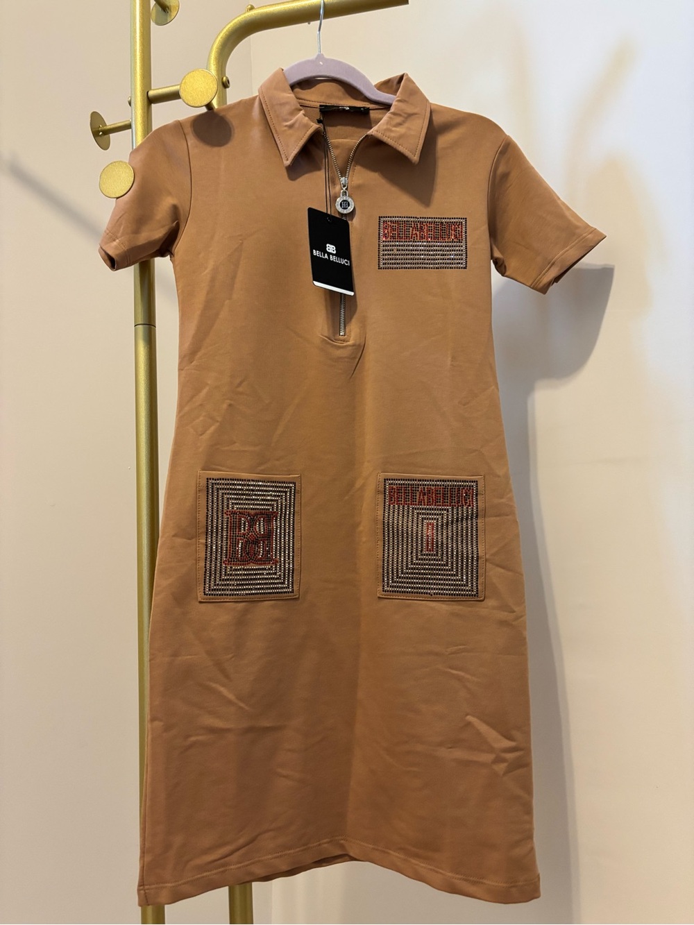 Brown Polo Shirt Dress with Geometric Embroidery